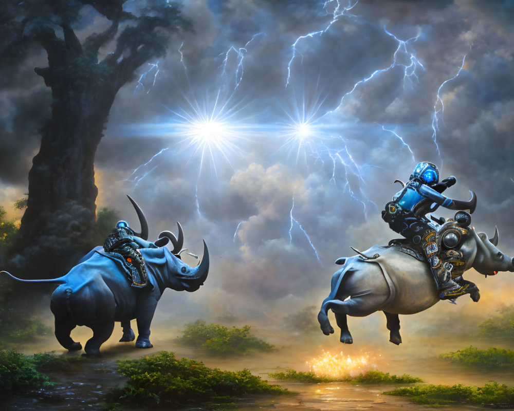 Armored characters riding rhinos in misty forest under stormy sky