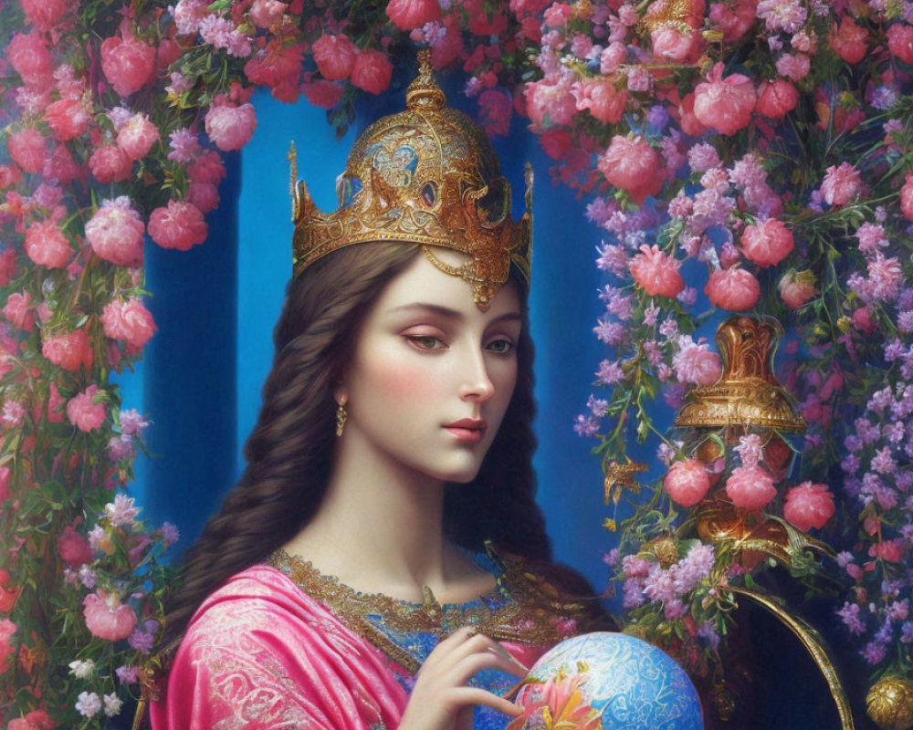 Regal Woman with Crown and Orb Among Pink Flowers on Blue Background