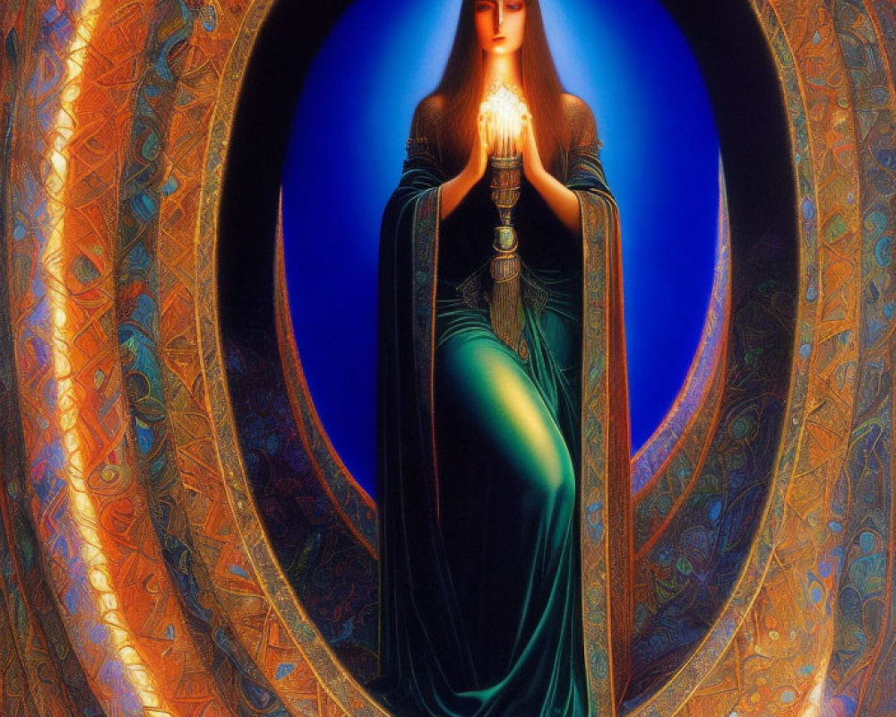 Surreal image: robed figure with glowing halo in illuminated oval frame