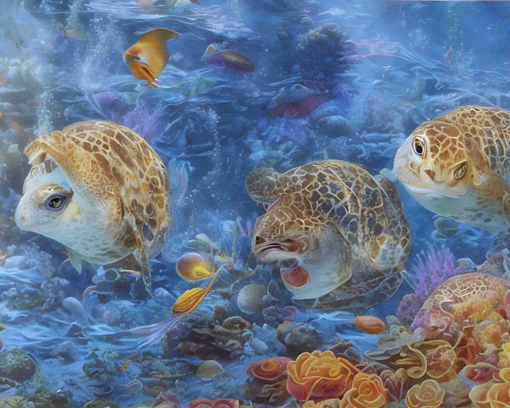 Sea Turtles and Tropical Fish in Colorful Underwater Scene