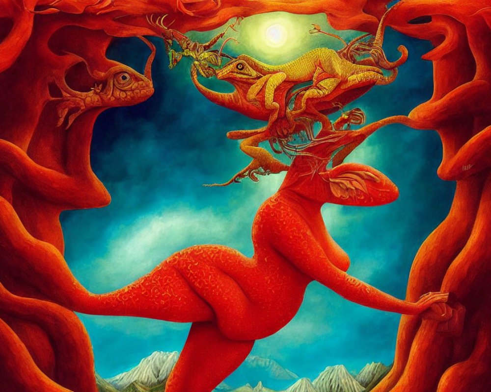 Colorful painting of red dragons in a surreal landscape with twisted trees and a bright sun