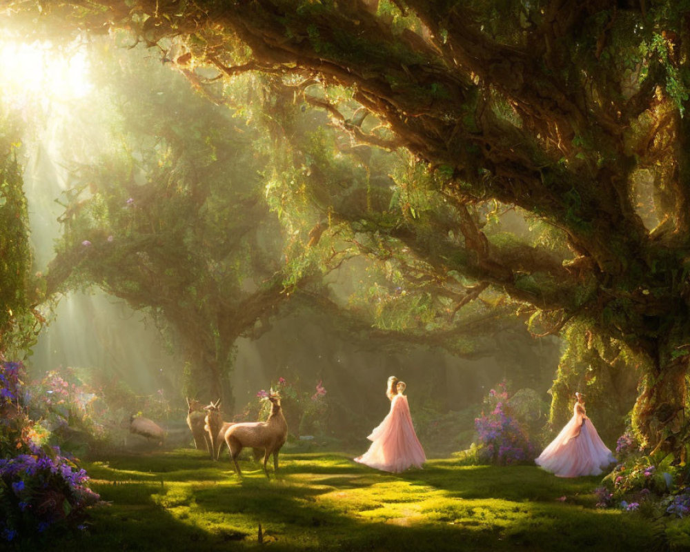 Enchanted forest glade with two women, deer, and vibrant flowers