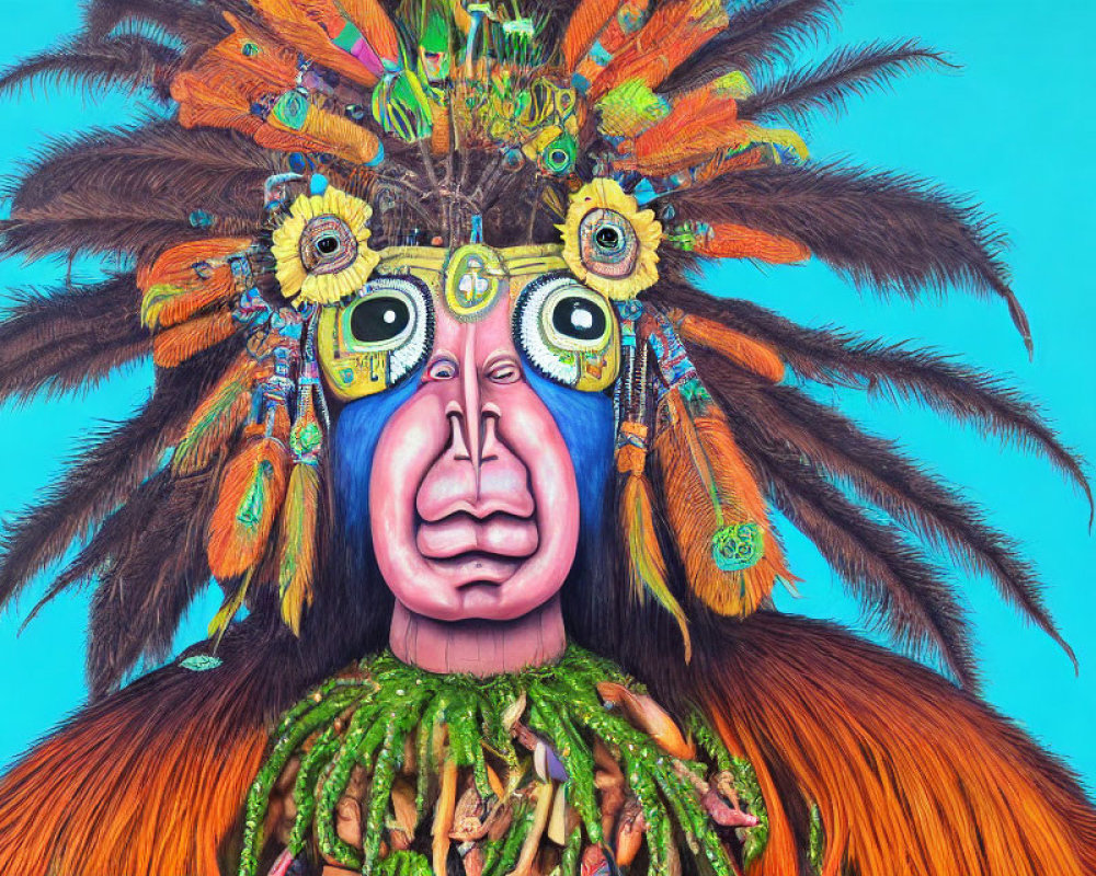 Colorful tribal painting of person in feathered headdress and face paint