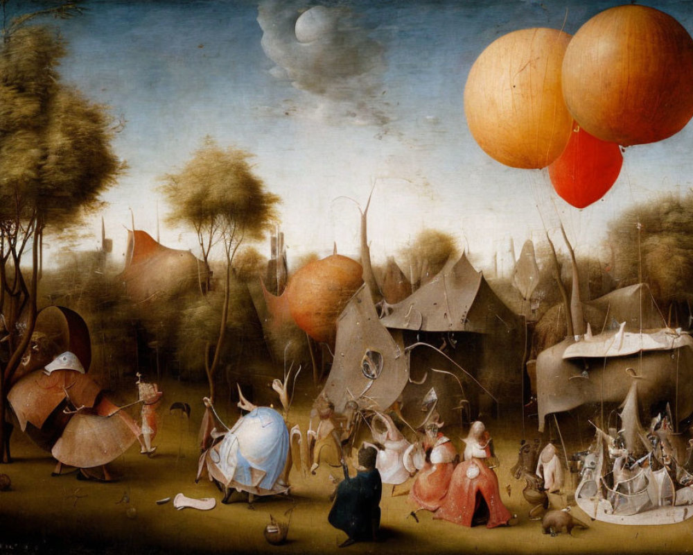 Surreal painting of armored figures with insect-like features in a landscape with tents and oversized orange balloons