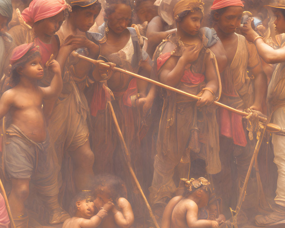 Traditional Attire Group Scene with Earthy Colors and Communal Interaction