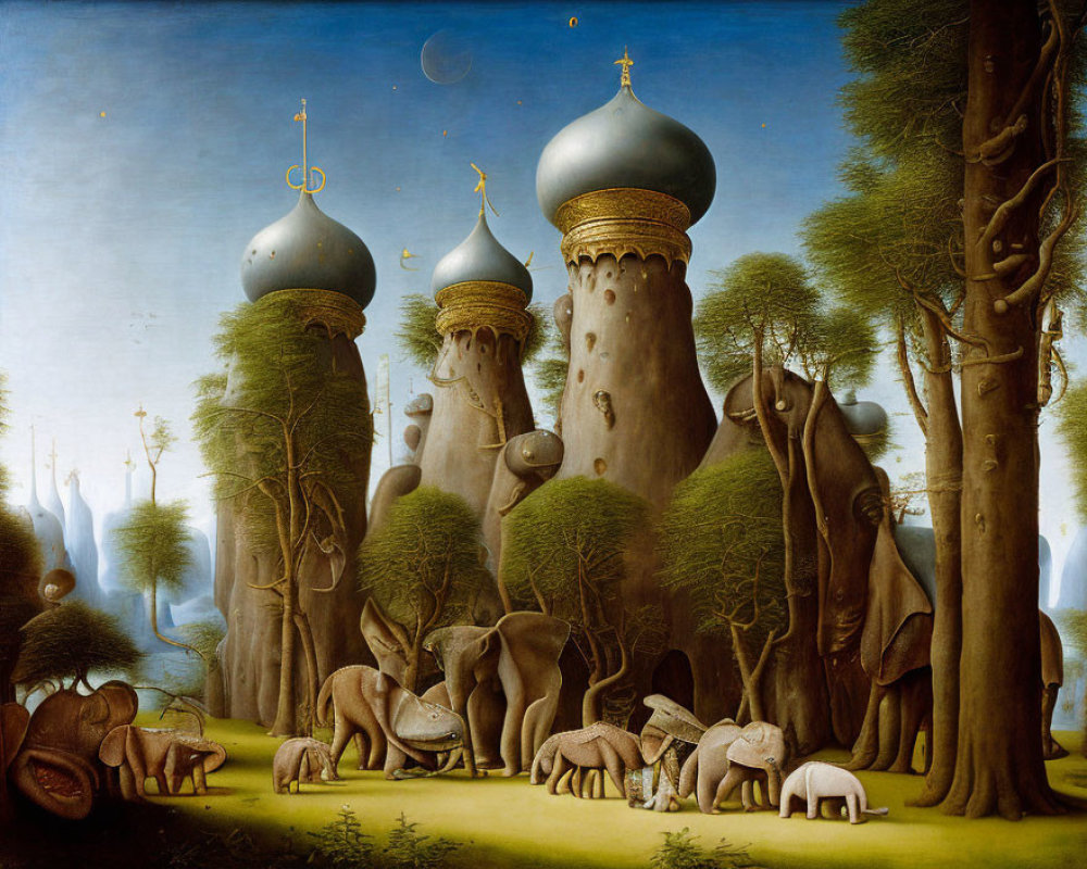 Castle with domed towers and oversized animals in twilight forest landscape