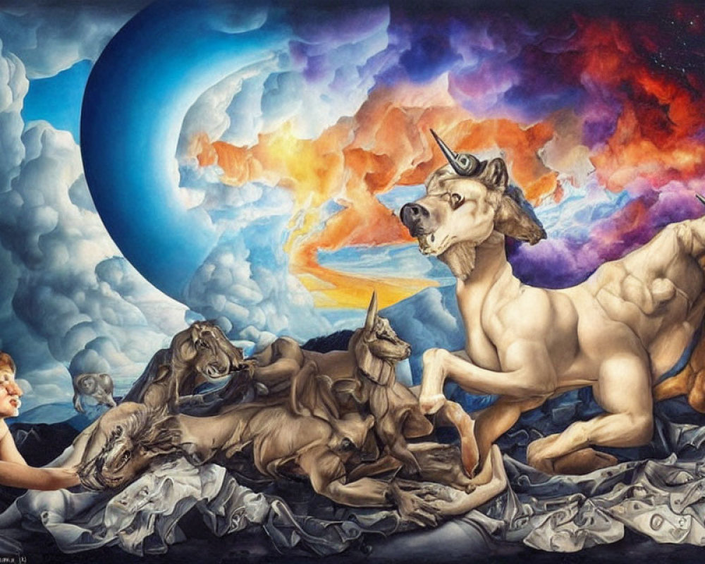 Surreal painting: humanoid figures, horse heads, cosmic sky, blue planet.