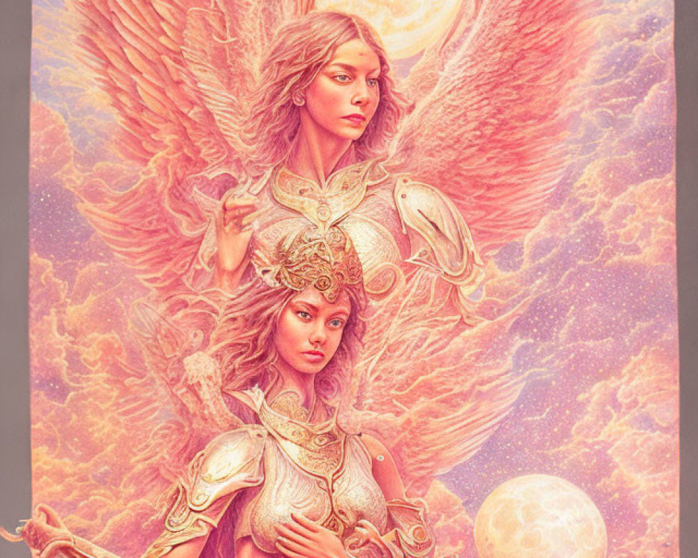 Illustrated poster of two female figures with angelic wings in warm colors on celestial background