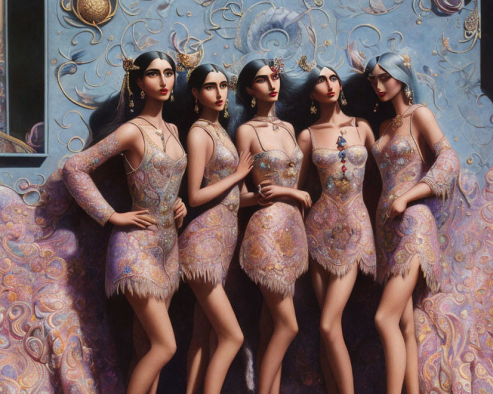 Five Stylized Women in Ornate Dresses Against Detailed Background