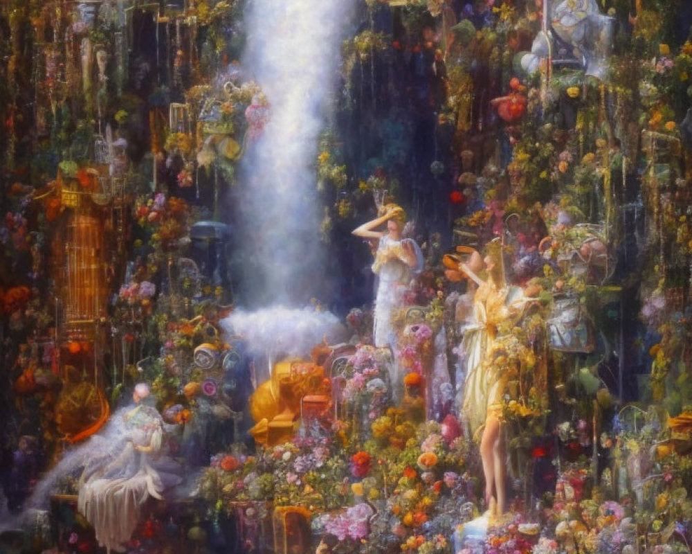 Colorful painting of figures in lush floral setting with waterfall and ornate items