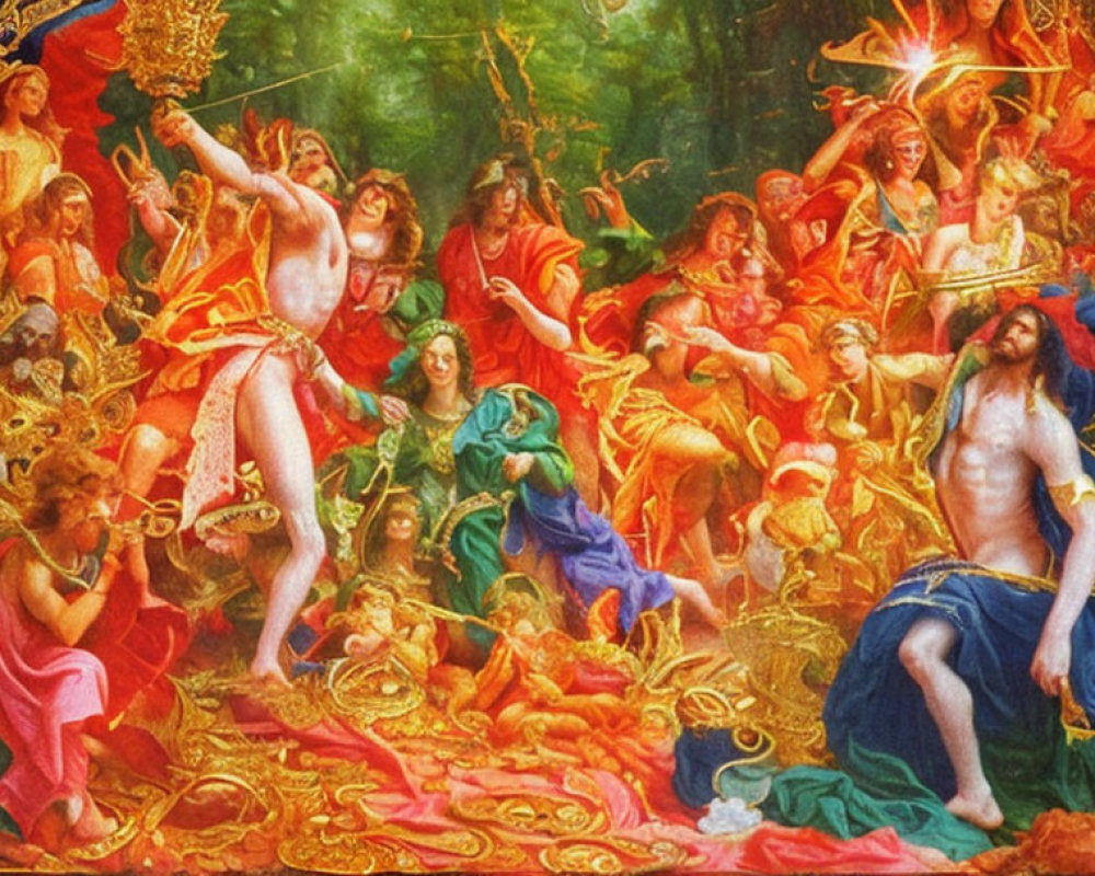 Colorful Mythological Figures Painting with Radiant Light Effects