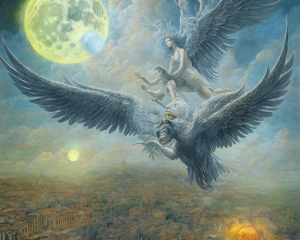 Fantastical painting: Winged figures on eagles under green moon