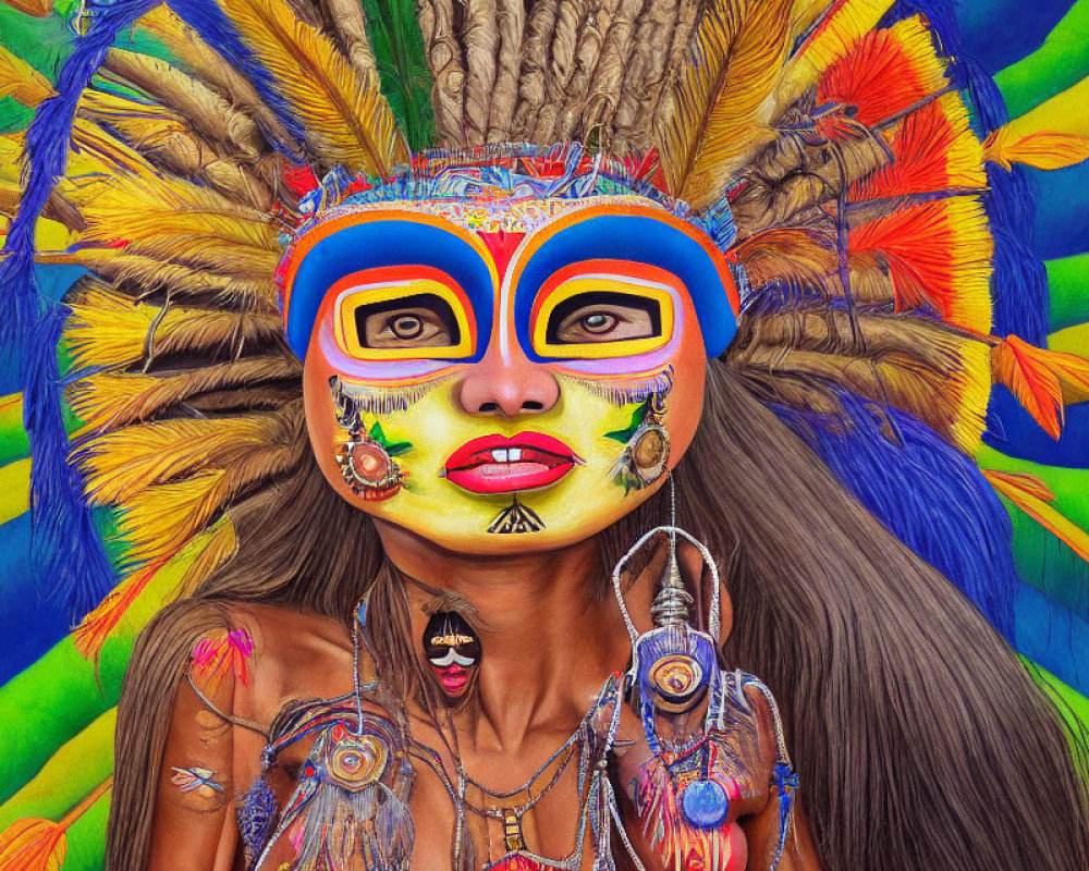 Colorful tribal makeup and feathered headdress portrait with intricate beadwork