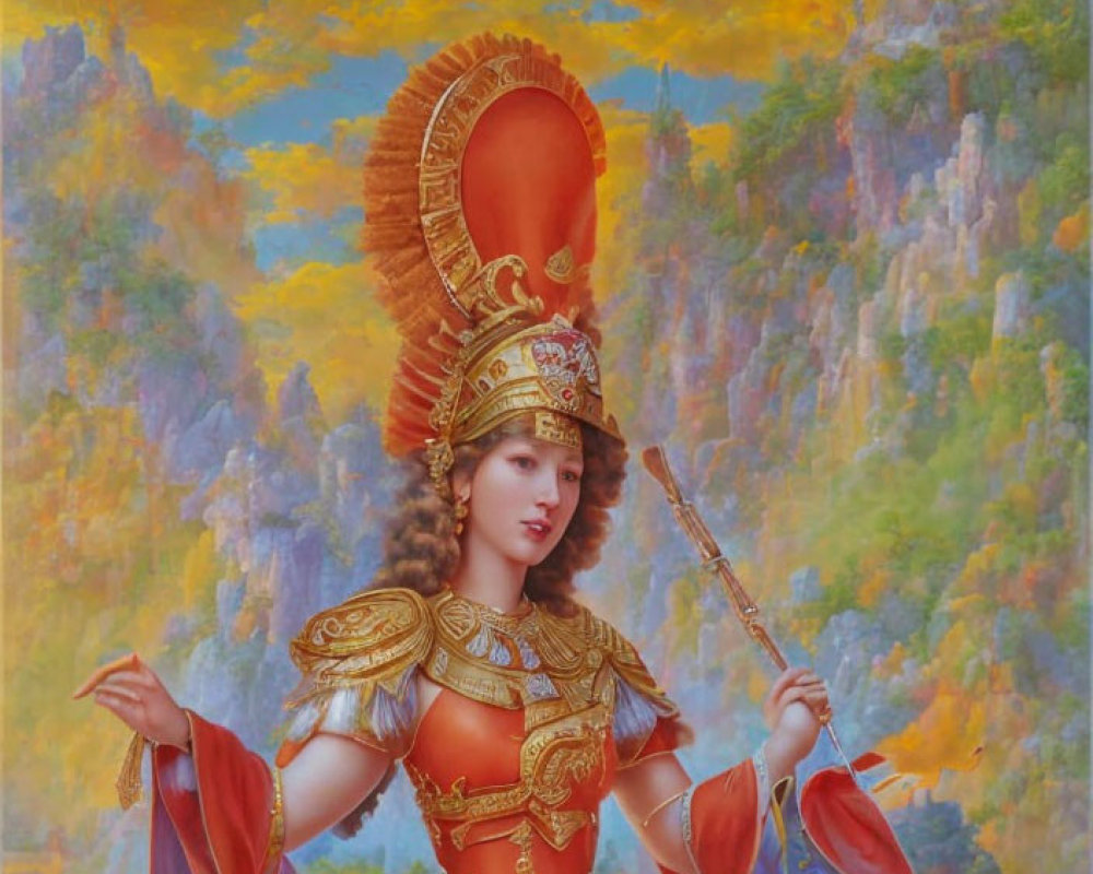 Portrait of a woman in golden armor with spear under vibrant sky