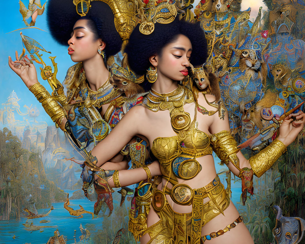 Fantasy Artwork: Two Women in Golden Armor with Surreal Animals