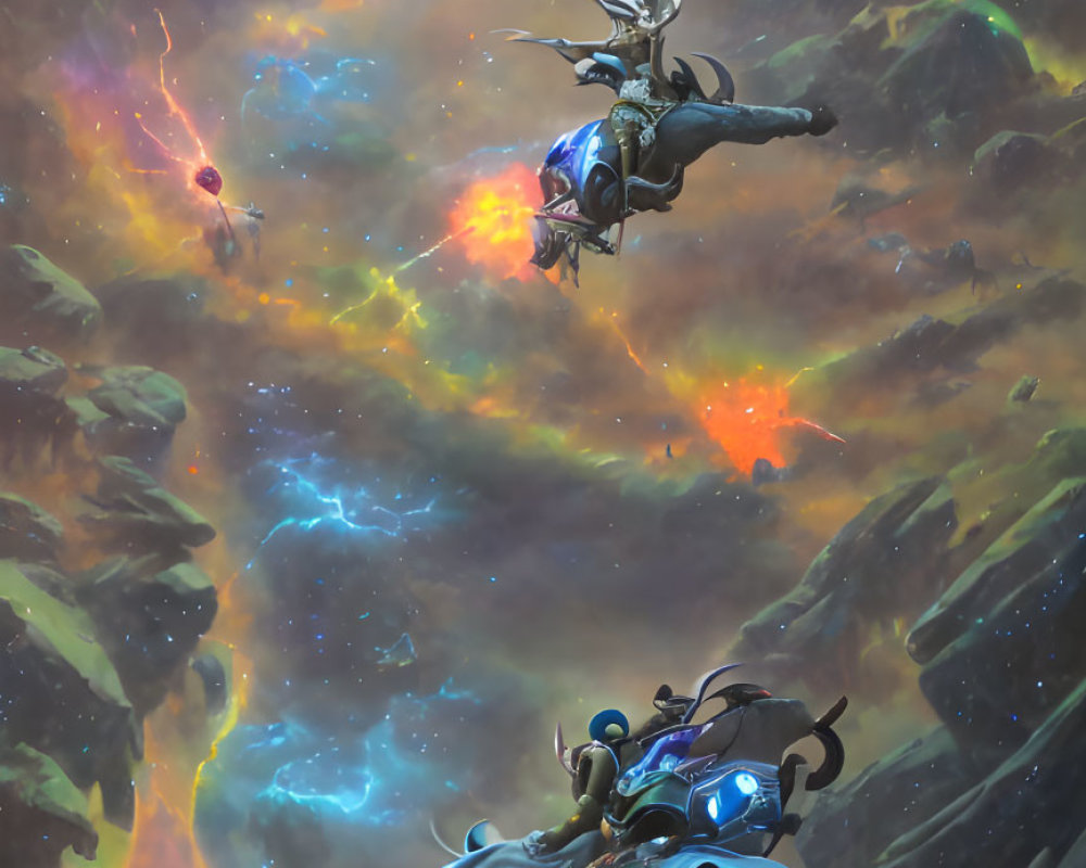 Armored individuals riding mythical creatures in vibrant cosmic space