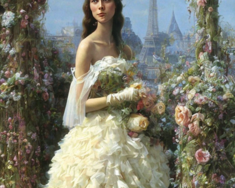 Woman in white gown with flowers in front of Eiffel Tower and floral arches