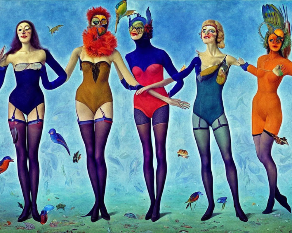 Five women in colorful bodysuits with bird masks and wings on blue backdrop.