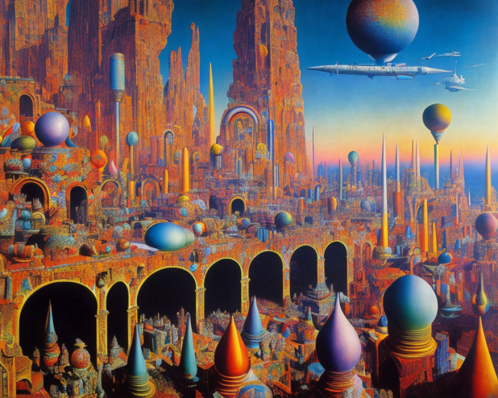 Futuristic sci-fi cityscape with spires, arches, and airship under orange sky