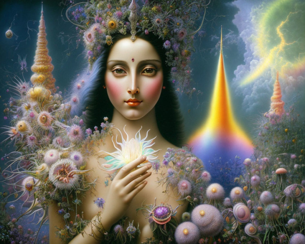 Fantastical portrait of a woman with floral hair in mystical landscape