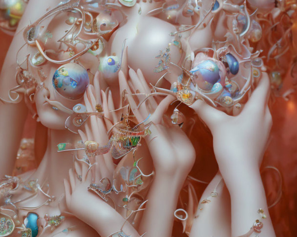 Surreal artwork: intertwined pale humanoid figures with gold and jewel accents