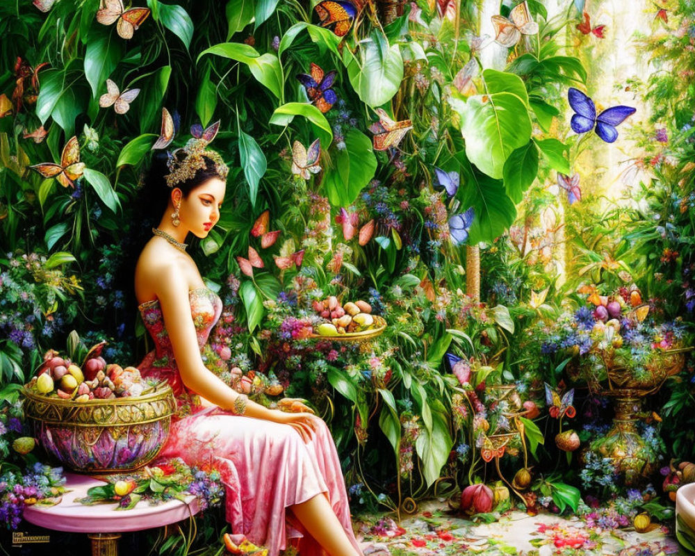 Woman surrounded by plants, fruit, and butterflies in lush garden landscape