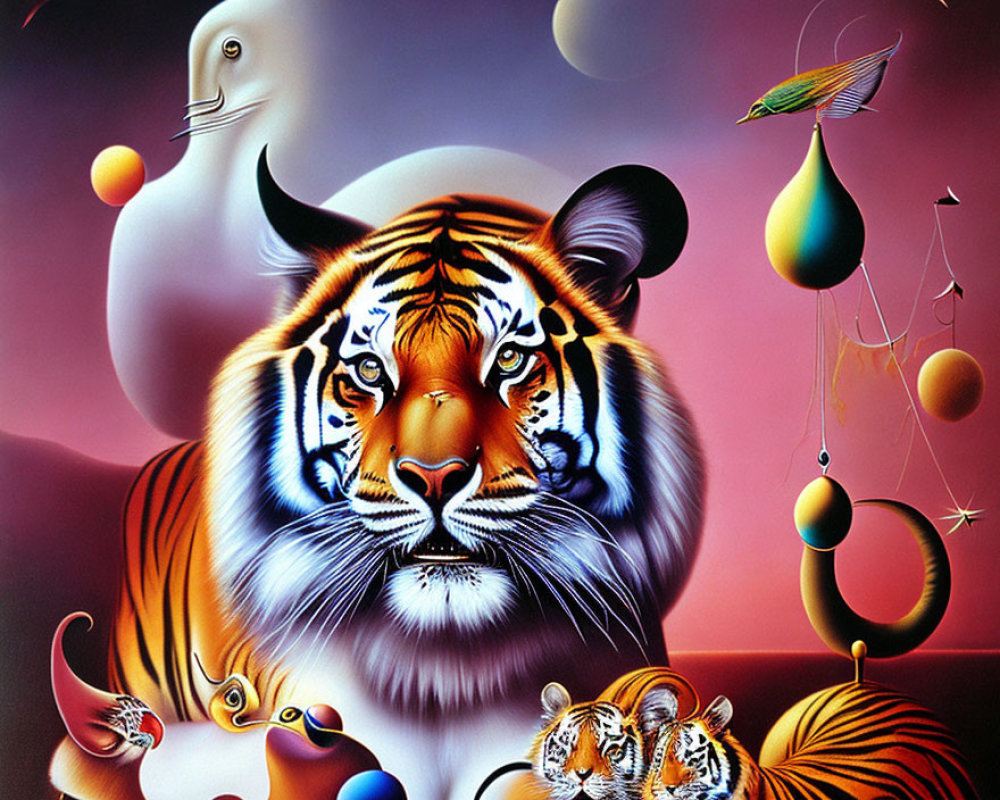 Colorful surrealistic painting with majestic tiger surrounded by exotic animals and orbs