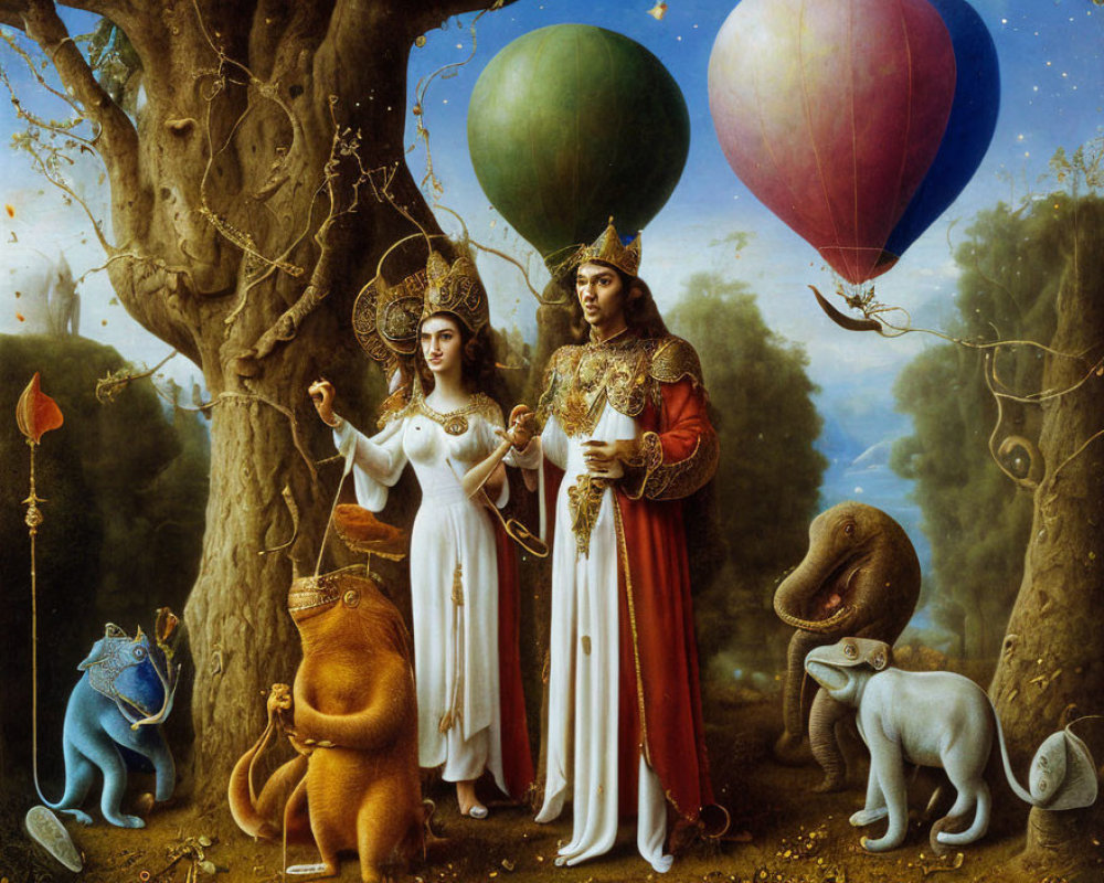 Regal figures with crowns and animals in a fantastical painting