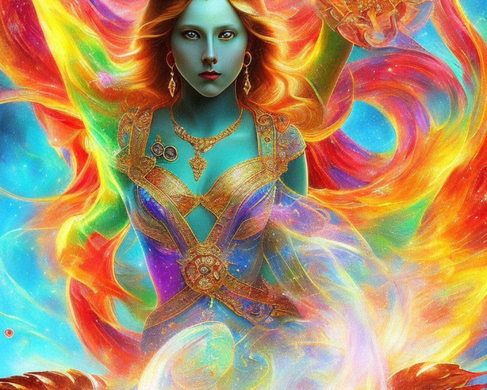 Colorful digital artwork of mystical female figure with blue skin and golden crown against cosmic background.