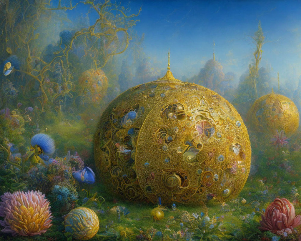 Fantastical landscape with golden structures and floating jellyfish-like entities