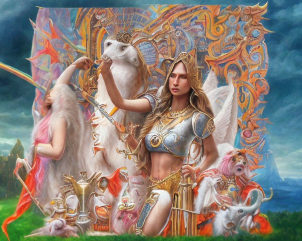 Female warrior with angelic wings, sword, mythical creatures, and mystical landscape.