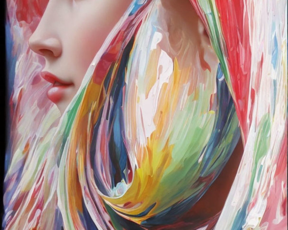 Colorful painting of a woman in profile with flowing scarf and abstract patterns