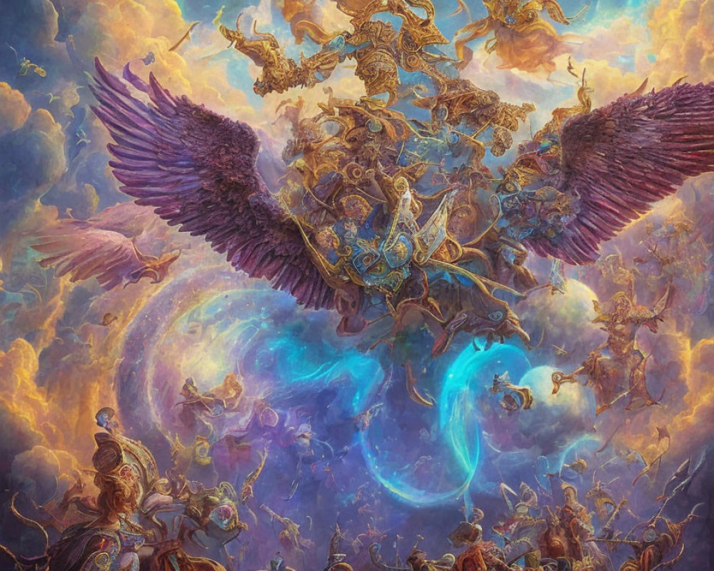 Majestic armored eagle soaring with celestial warriors in fantasy scene