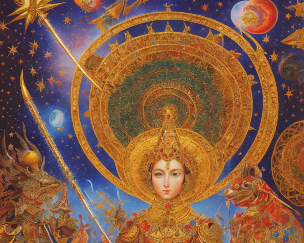 Surreal painting: Celestial woman with cosmic halo and armored figures