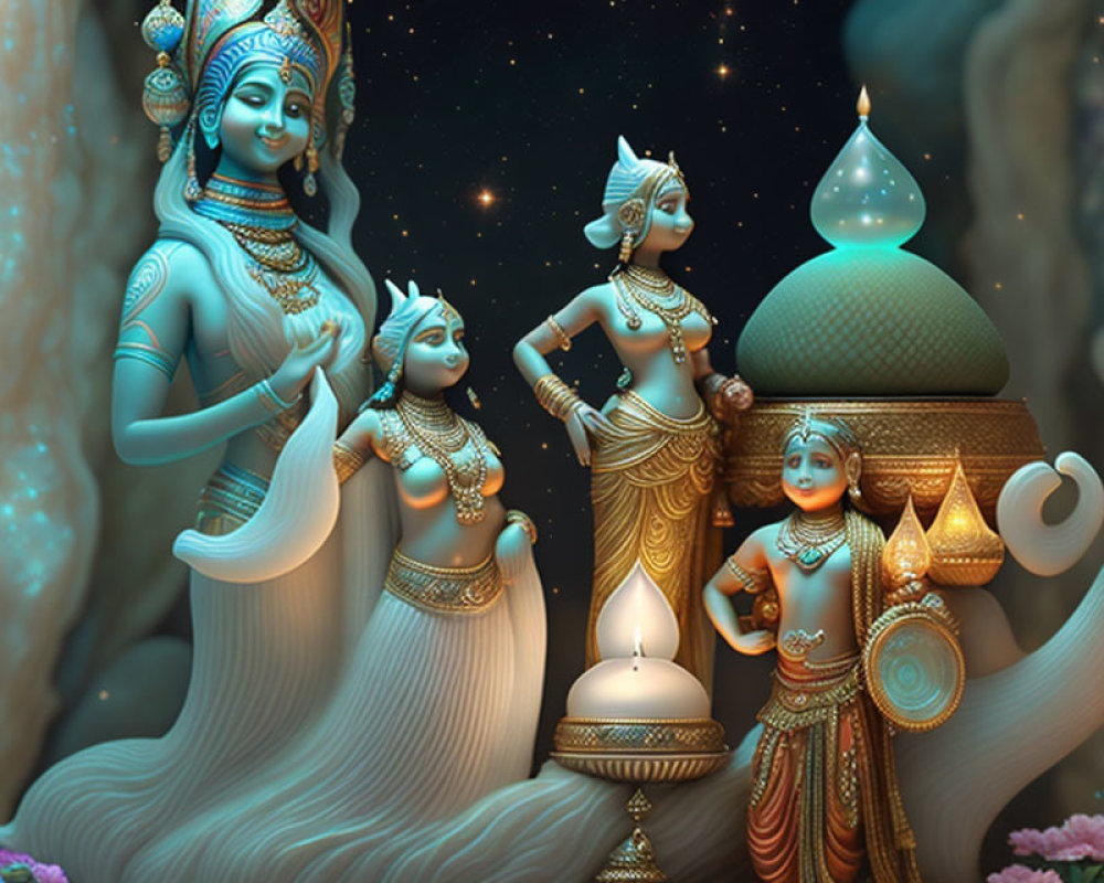 Blue and Gold Hindu Deities in Underwater Scene with Ethereal Lighting