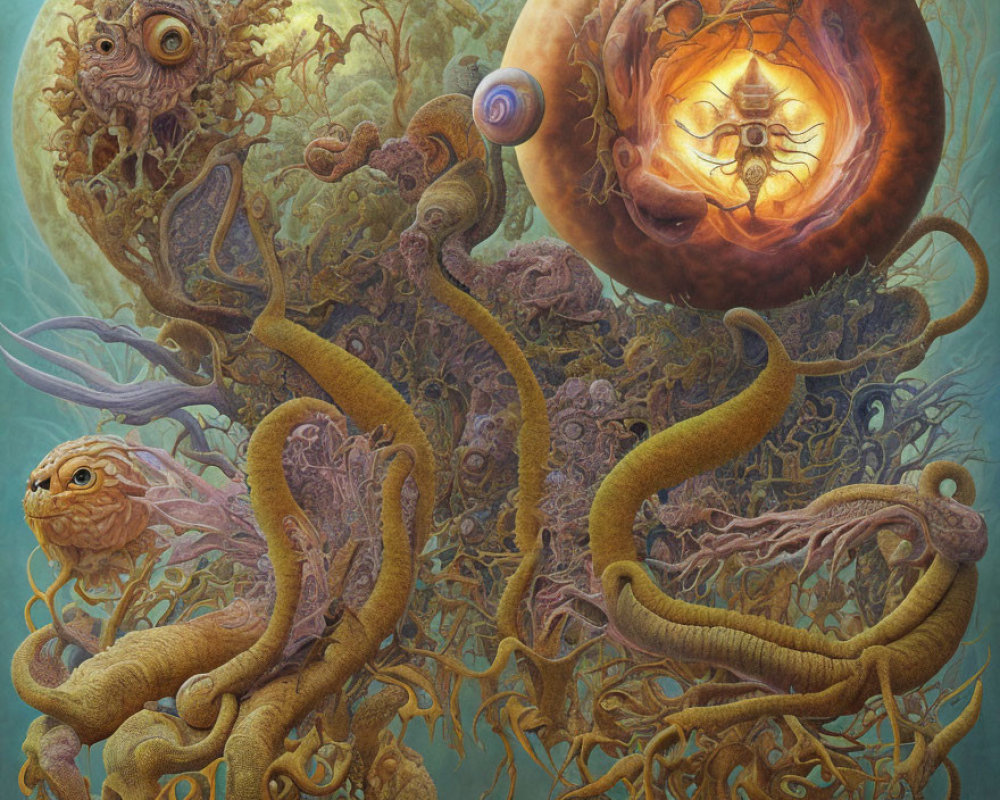 Detailed surreal artwork: octopus-like creatures, textured elements, earthy tones, mystical underwater theme.