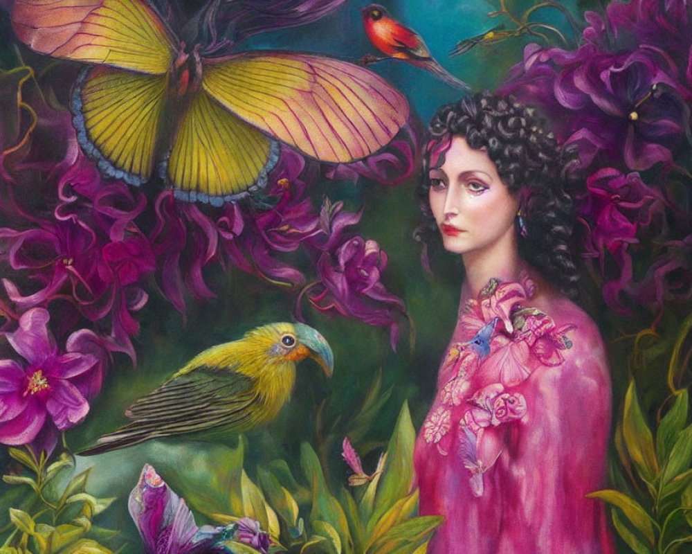 Woman in vibrant nature scene with butterflies, birds, magenta, and purple blooms