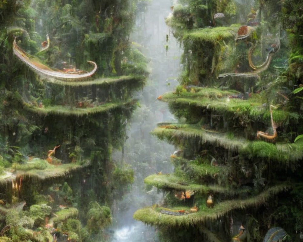 Fantastical forest landscape with mossy terrain and serpentine creatures