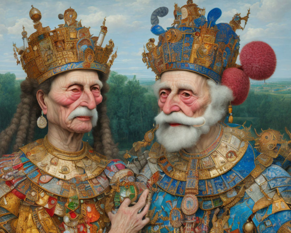 Elderly Couple as Regal Figures in Fantasy Armor and Crowns