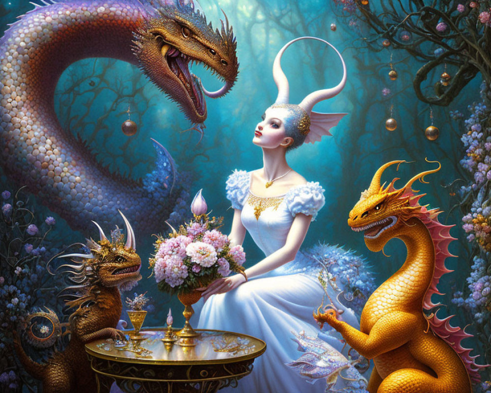 Woman in white dress with dragons in mystical garden, holding flower