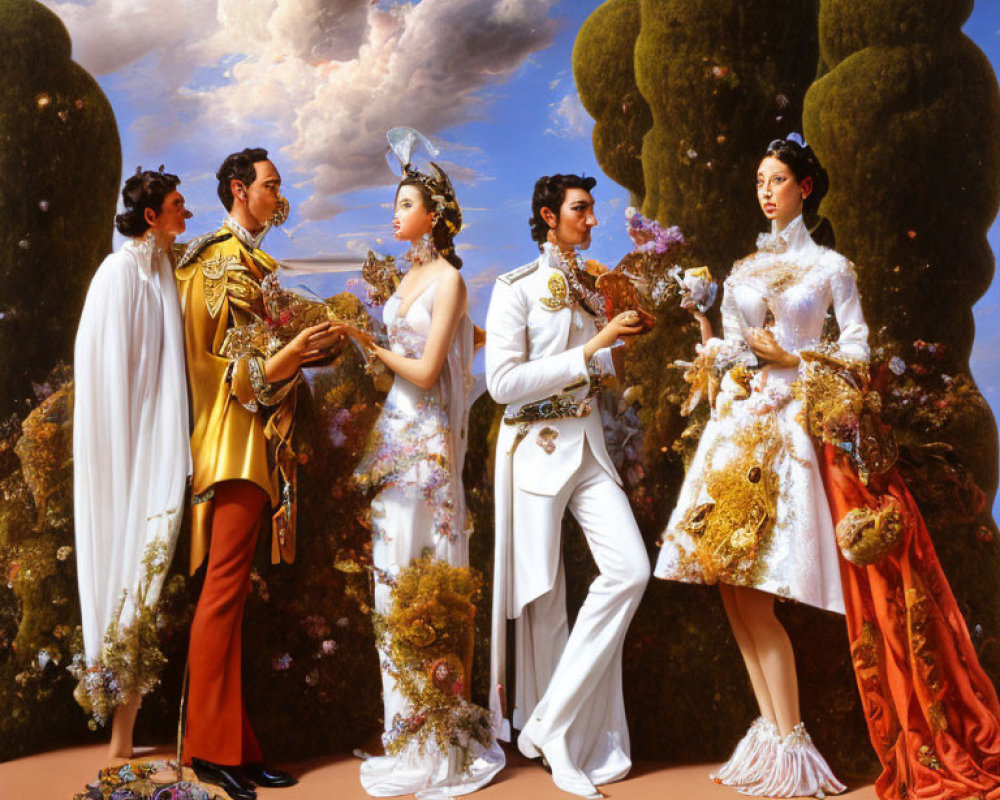 Four elegantly dressed individuals in stylized garden with oversized floral arrangements under blue sky.