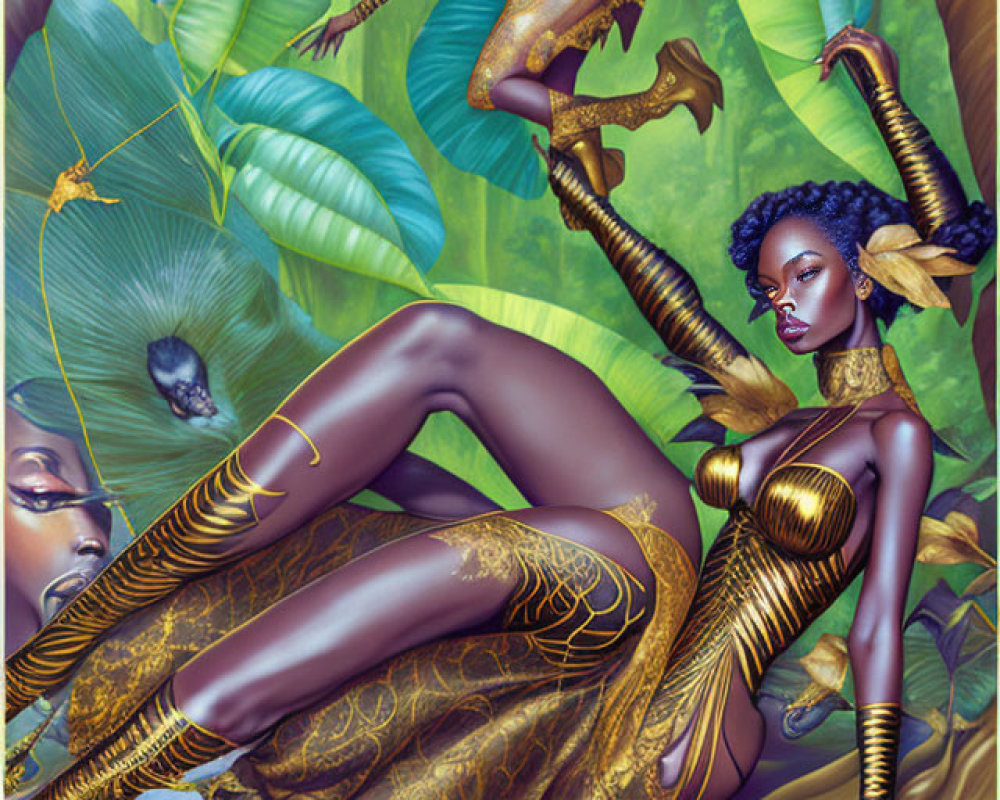 Fantastical artwork of two dark-skinned women in golden armor near jungle leaves and water creature