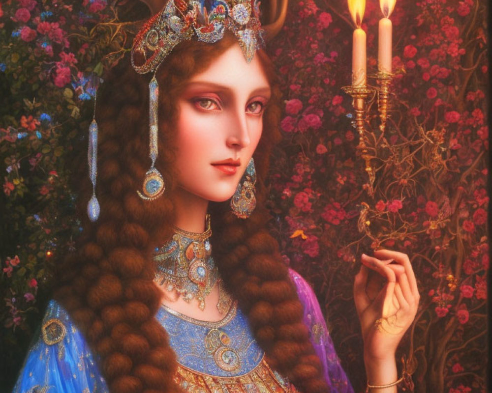 Fantasy portrait of a woman with antlers and ornate headdress, in blue gown with candle