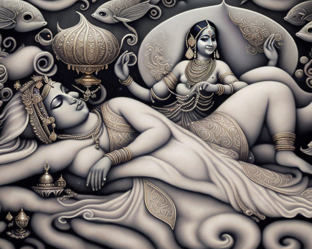 Monochrome Mythological Artwork: Elegant reclining woman and figure in swirling fish-patterned scene.