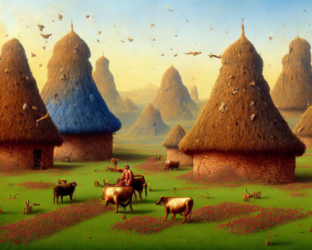 Traditional rural scene with thatched-roof huts, farmer herding cattle, red flowers, and