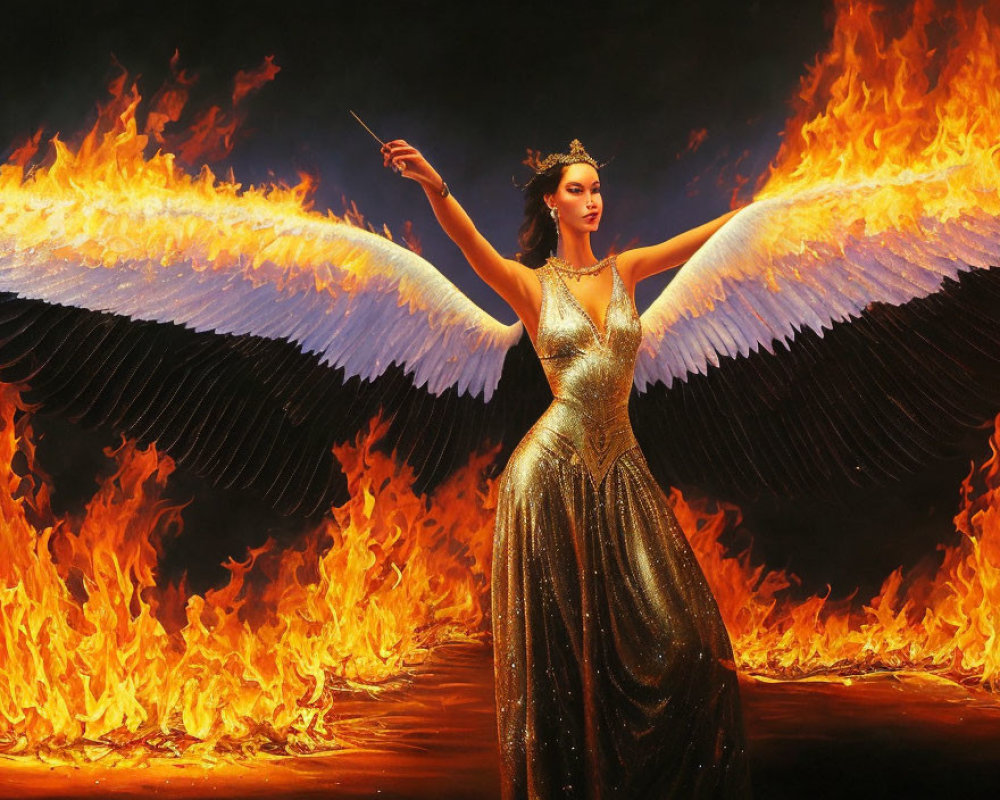 Person in golden dress with crown and eagle wings amidst flames with raised conductor's baton