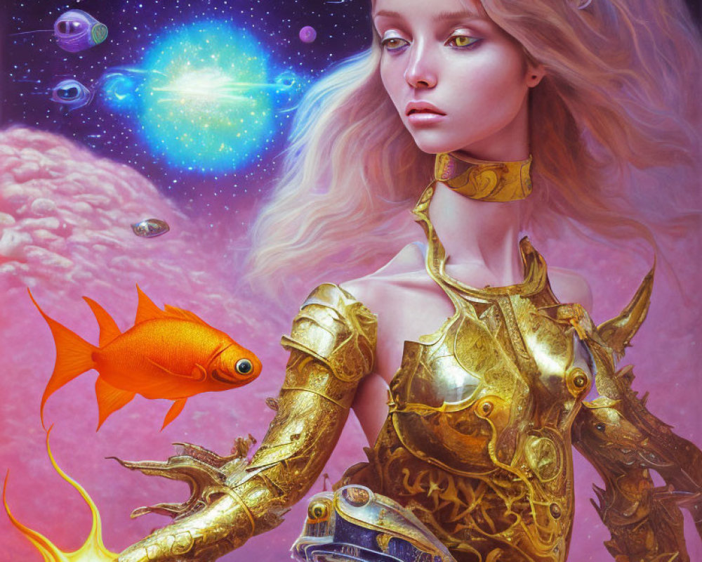 Surreal portrait of woman in golden armor with fish in cosmic scene