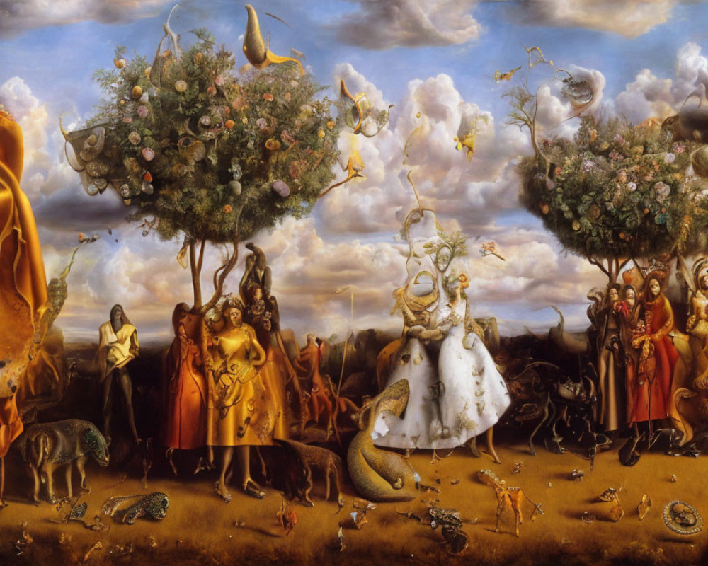 Surreal landscape with hybrid tree-animals, oversized fruit, diverse characters in costumes.