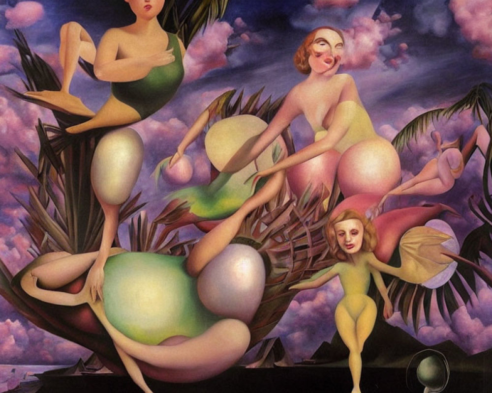 Surreal painting of stylized women on egg-like structures in pink cloud setting