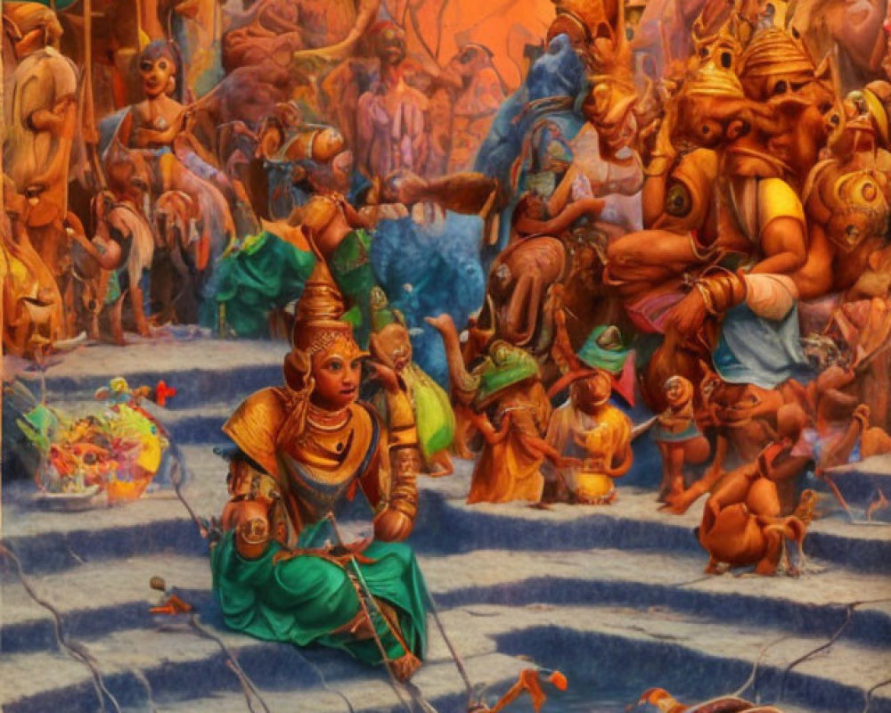 Colorful Mythological Scene with Multiple Characters